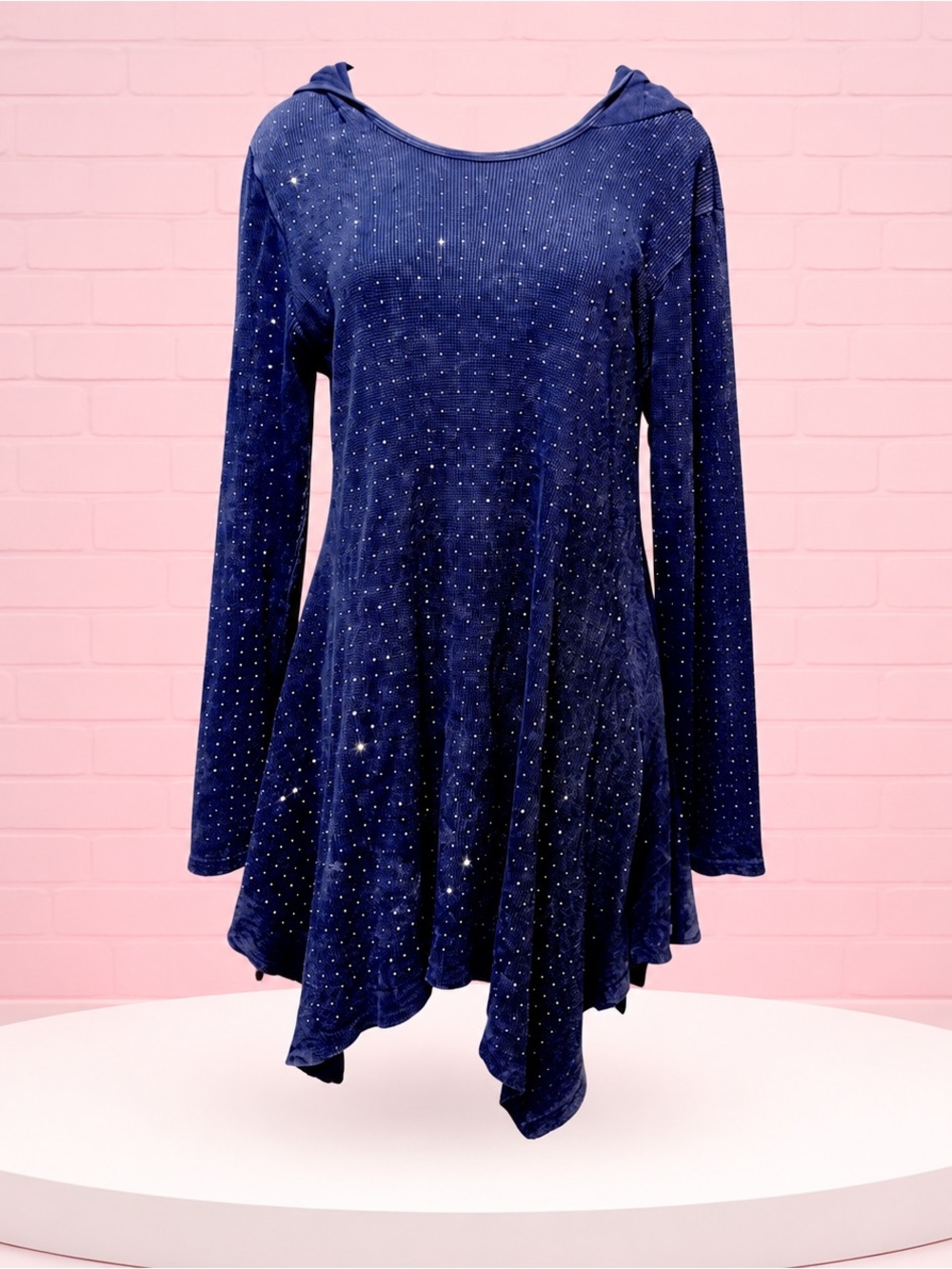 Vocal USA Blue Crystal Rhinestone Hooded Sharkbite Tunic One Size